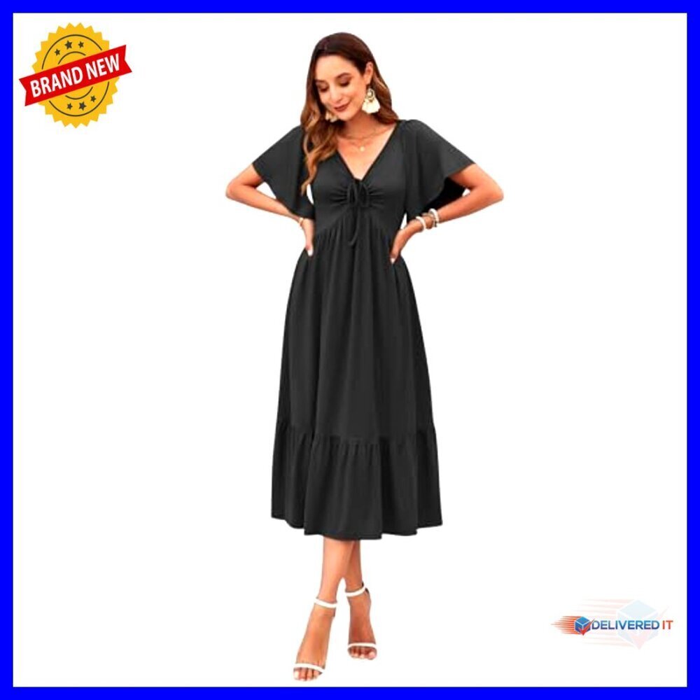 Summer Empire Waist Midi Dress V Neck Flutter Sleeve Casual Tiered - Picture 4 of 7